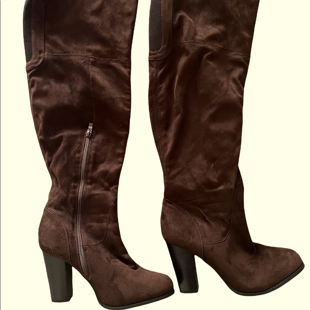 Faux suede Chocolate heeled boots.